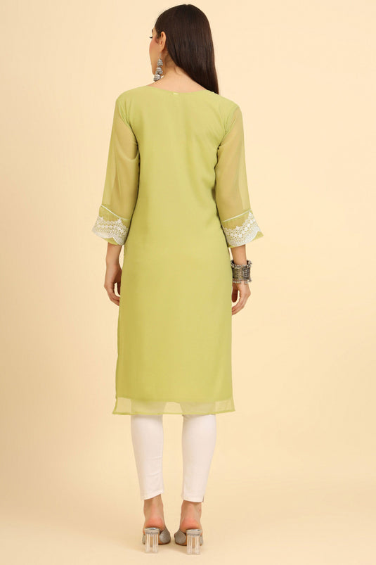 Attractive Georgette Fabric Green Color Embroidered Kurti