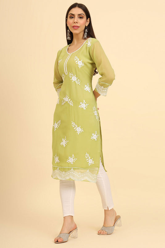 Attractive Georgette Fabric Green Color Embroidered Kurti