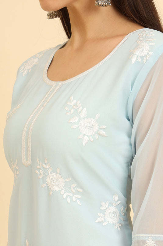 Embroidered Sky Blue Color Georgette Fabric Riveting Kurti