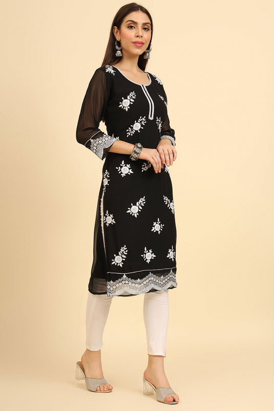 Georgette Fabric Black Color Pleasance Embroidered Kurti