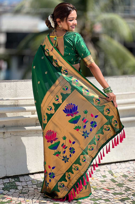 Green Color Weaving Work Brilliant Paithani Silk Saree