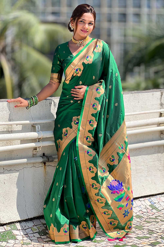 Green Color Weaving Work Brilliant Paithani Silk Saree