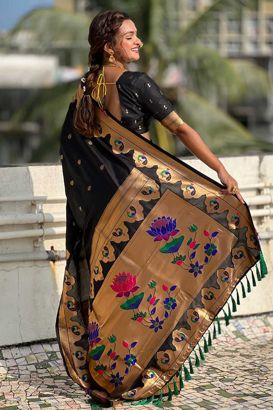 Weaving Work Soothing Paithani Silk Saree In Black Color