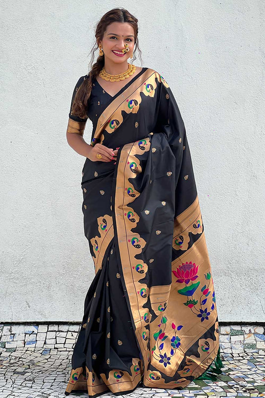 Weaving Work Soothing Paithani Silk Saree In Black Color