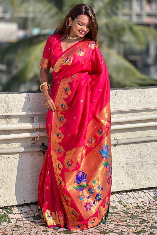 Blazing Red Color Weaving Work Paithani Silk Saree