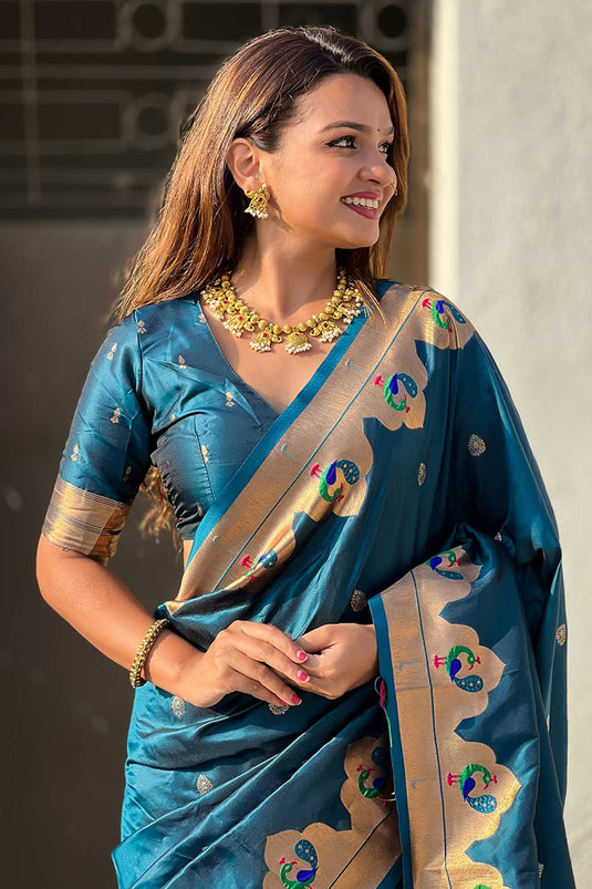 Teal Color Weaving Work Glamorous Paithani Silk Saree