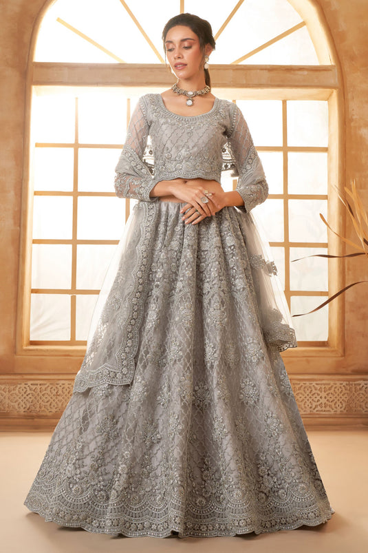 Grey Drape Embroidered Lehenga Choli