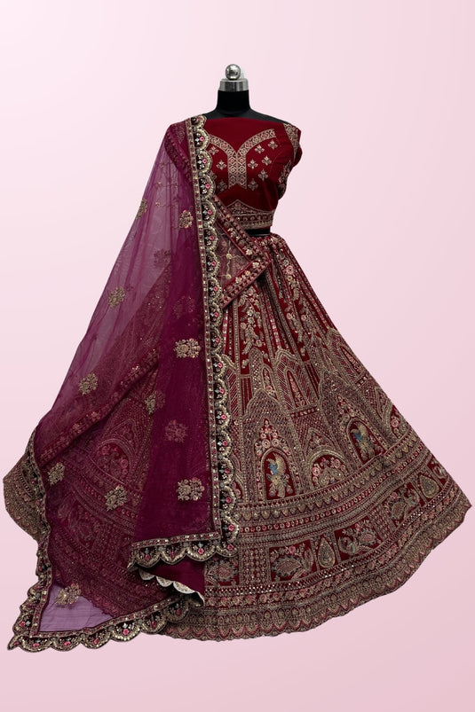 Magnificent Bridal Velvet Lehenga With Double Dupatta In Rani Color