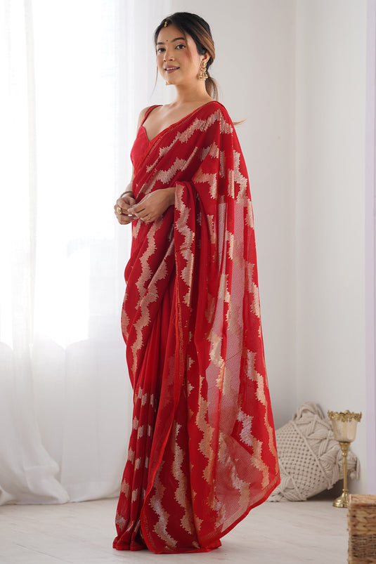 Red Traditional Sequins Work Saree