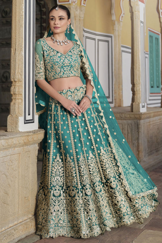 Net Sangeet Wear Lehenga Choli In Sea Green Color