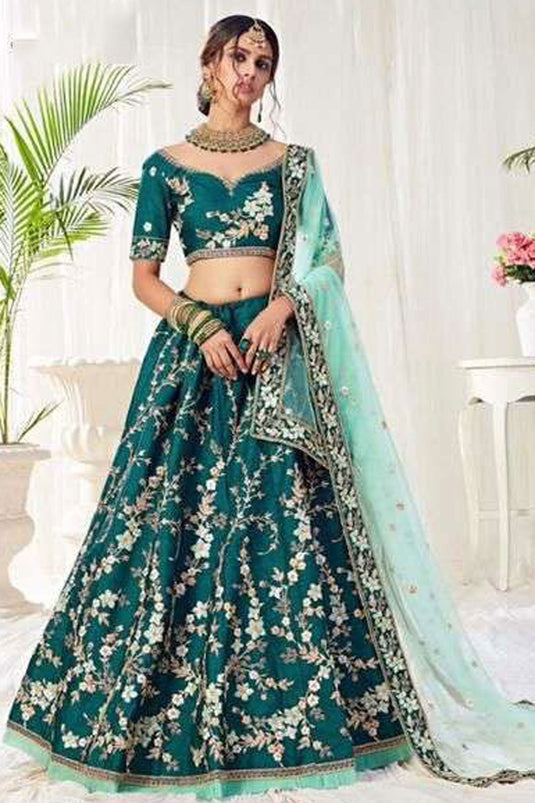 Dark Green Silk Fabric Wedding Wear Embroidered Designer Lehenga Choli