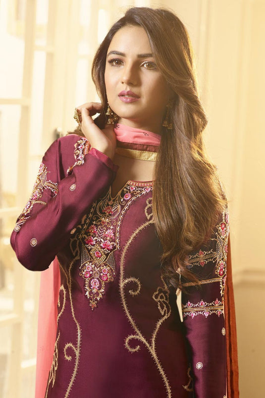 Jasmin Bhasin Satin Georgette Maroon Color Tempting Salwar Suit