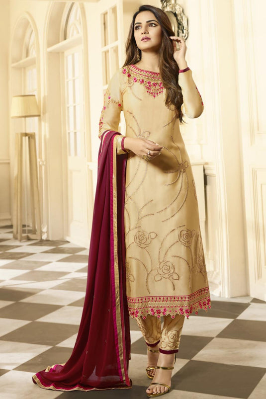 Jasmin Bhasin Engaging Satin Georgette Beige Color Salwar Suit