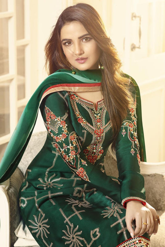 Jasmin Bhasin Classic Dark Green Color Satin Georgette Salwar Suit