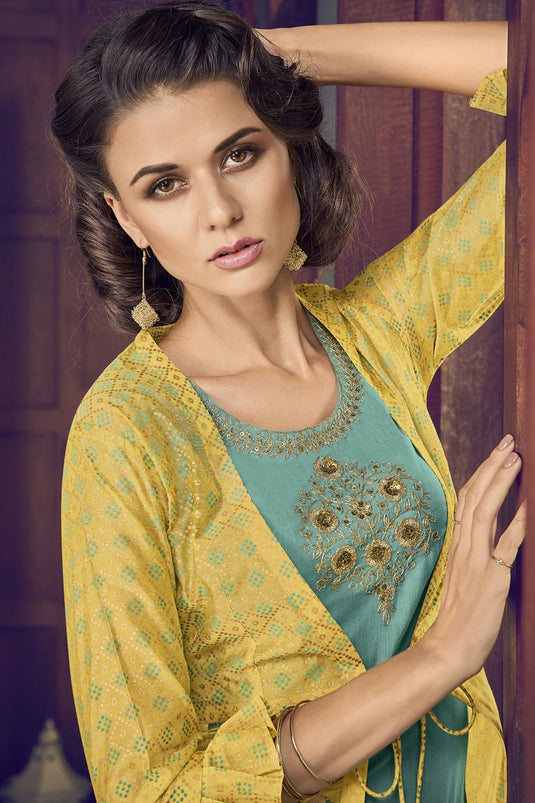 Cyan Color Art Silk Fabric Trendy Party Style Salwar Suit