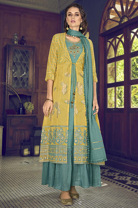 Cyan Color Art Silk Fabric Trendy Party Style Salwar Suit