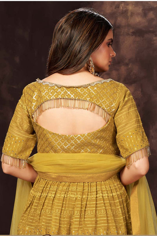 Beauteous Mustard Color Georgette Fabric Party Wear Sequins Work Readymade Salwar Suit