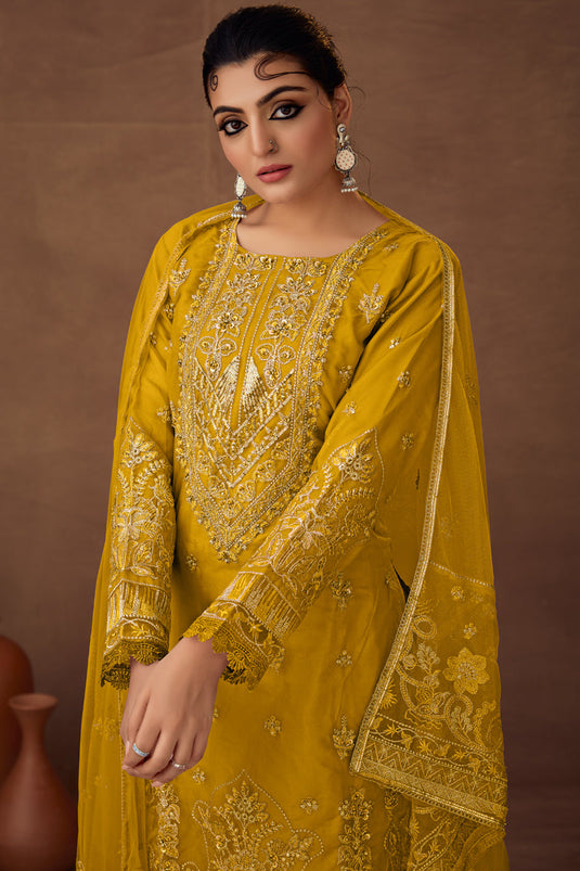 Organza Fabric Mustard Color Festive Wear Embroidered Palazzo Salwar Kameez