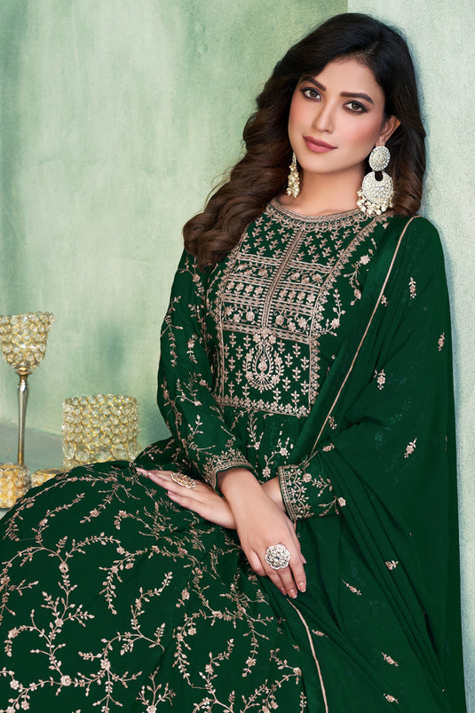 Georgette Fabric Fancy Embroidered Function Wear Anarkali Salwar Suit In Green Color