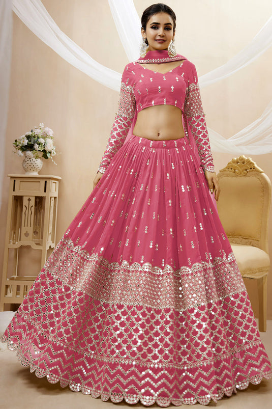 Excellent Georgette Fabric Pink Color Lehenga Choli With Embroidered Work