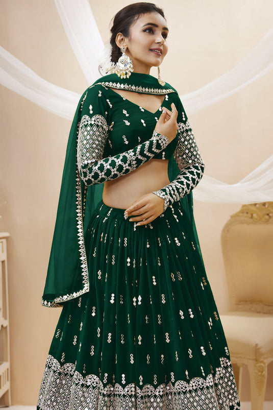 Embroidered Dark Green Color Wedding Wear Fancy Lehenga Choli In Georgette Fabric