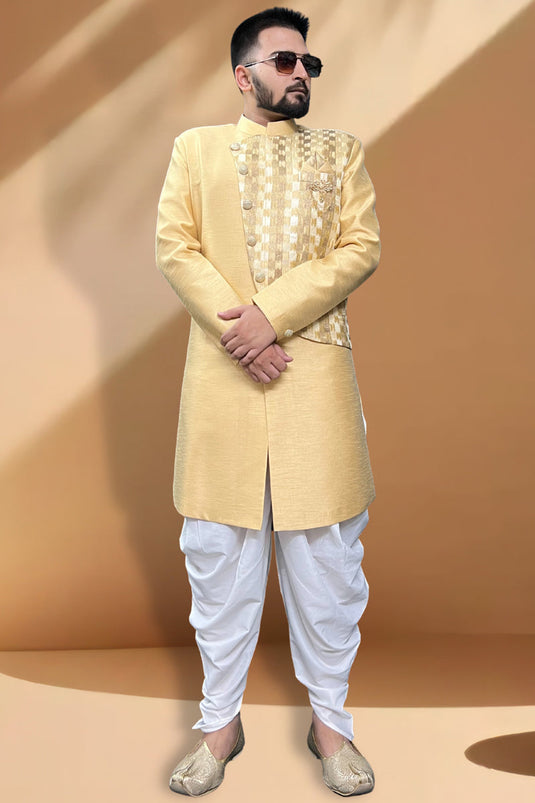 Pretty Silk Fabric Wedding Wear Readymade Men Peshawari Style Indo Western In Beige Color