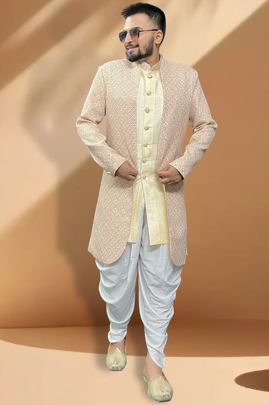 Silk Fabric Beige Color Wedding Wear Designer Readymade Peshawari Style Indo Western For Men