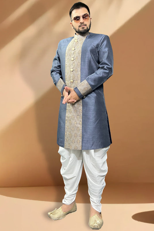 Stunning Grey Color Wedding Wear Readymade Peshawari Style Indo Western For Men