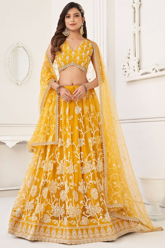 Yellow Color Embroidered Work On Net Fabric Beatific Lehenga Choli