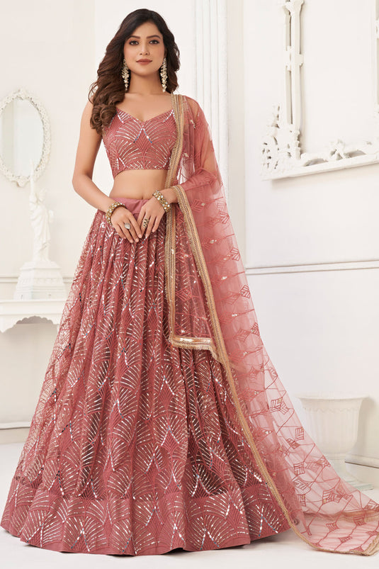 Embellished Embroidered Work On Pink Color Net Fabric Lehenga Choli