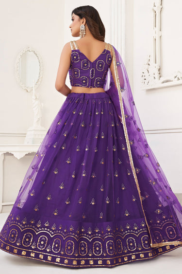 Awesome Embroidered Work On Net Fabric Purple Color Lehenga Choli