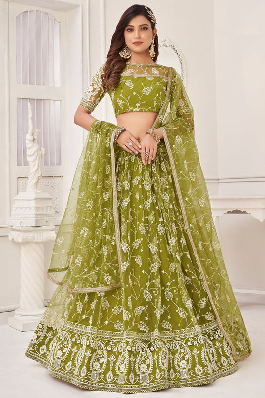 Engaging Green Color Net Fabric Embroidered Work Lehenga Choli