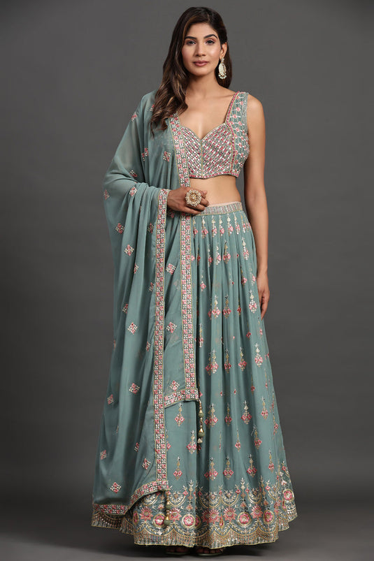 Georgette Fabric Sea Green Color Function Wear Readymade Lehenga With Winsome Sequins Work
