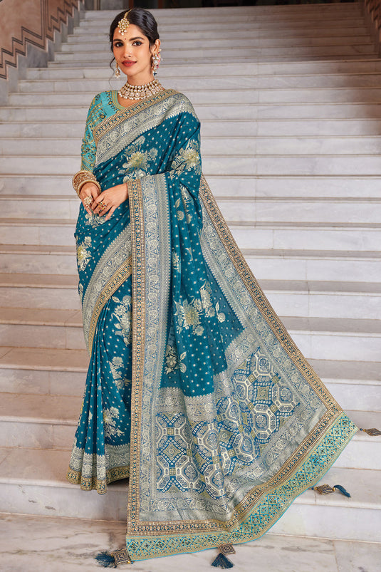 Teal Color Dola Silk Fabric Stylish Weaving Work Sangeet Wear Saree