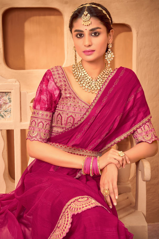 Wedding Wear Chiffon Fabric Magenta Color Border Work Saree