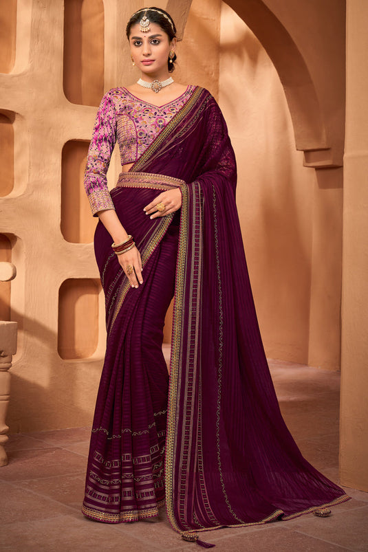 Sangeet Wear Chiffon Fabric Purple Color Border Work Saree