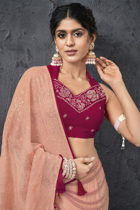 Peach Color Chiffon Fabric Fancy Embroidered Sangeet Wear Saree