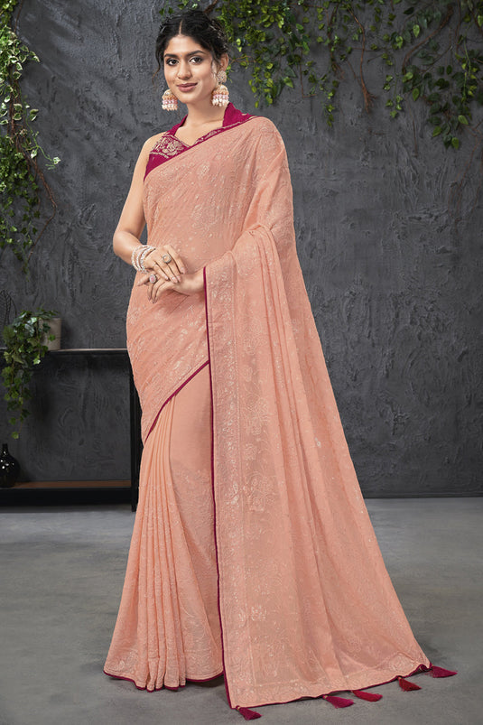 Peach Color Chiffon Fabric Fancy Embroidered Sangeet Wear Saree