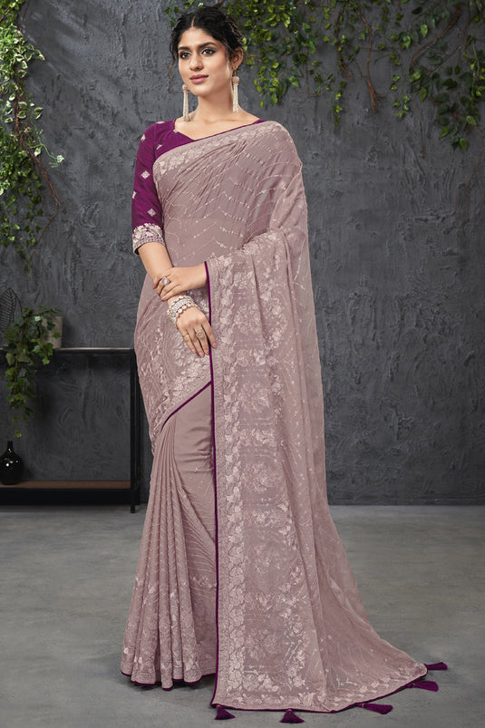 Lavender Color Chiffon Fabric Reception Wear Embroidered Saree