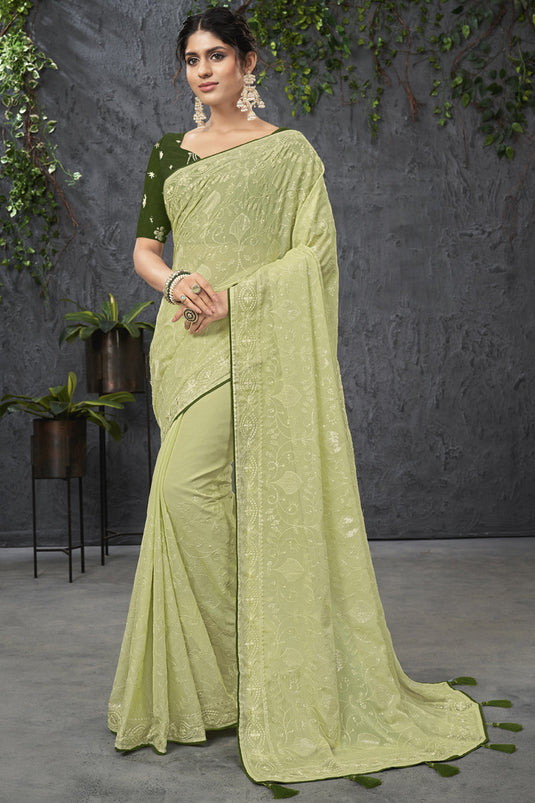 Wedding Wear Chiffon Fabric Green Color Embroidered Saree