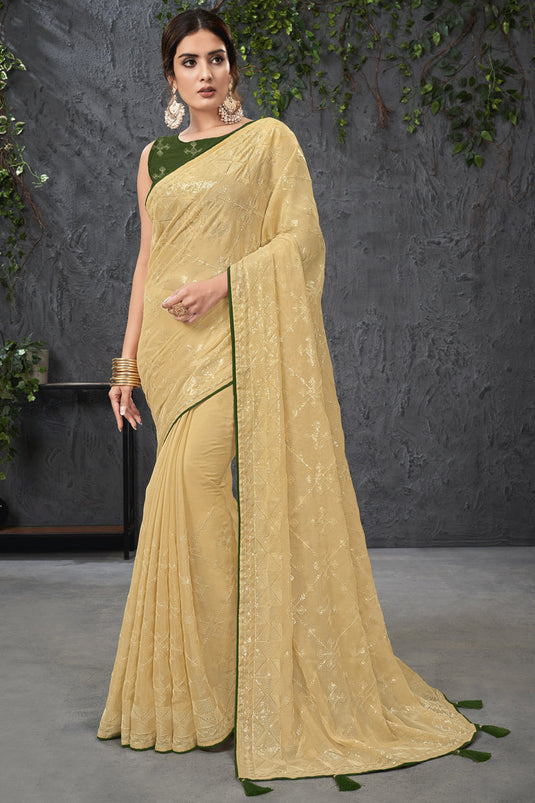 Beige Color Chiffon Fabric Sangeet Wear Embroidered Saree