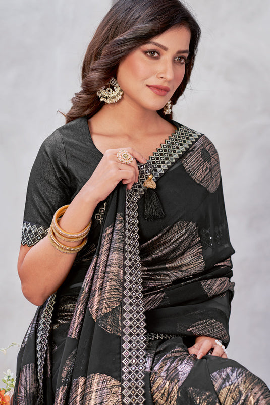 Black Color Weaving Work Georgette Fabric Sangeet Wear Saree