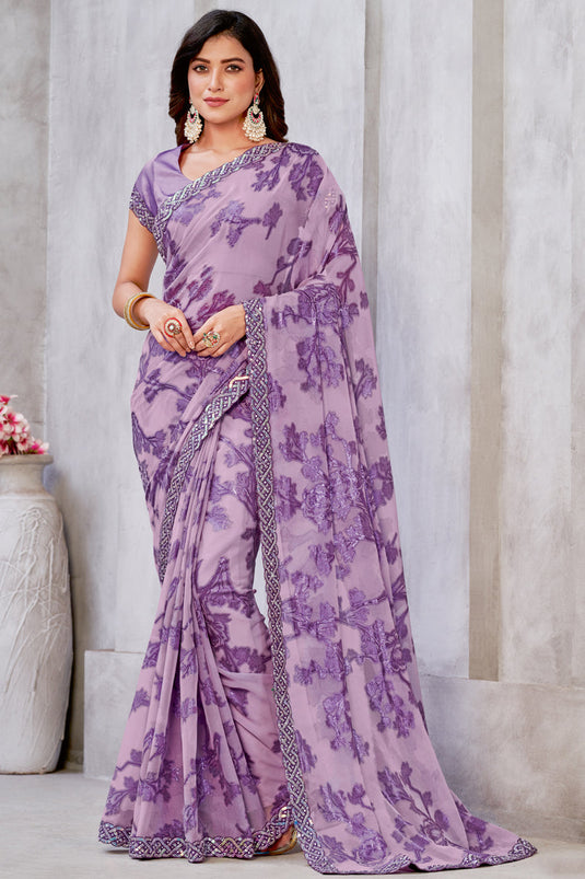 Lavender Color Georgette Fabric Weaving Work Festive Wear Fancy Saree