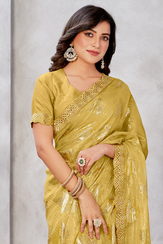 Georgette Fabric Weaving Work Mustard Color Sangeet Wear Trendy Saree