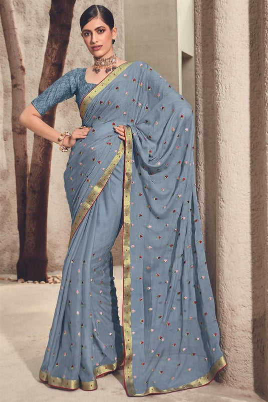Grey Color Riveting Floral Embroidered Chiffon Saree