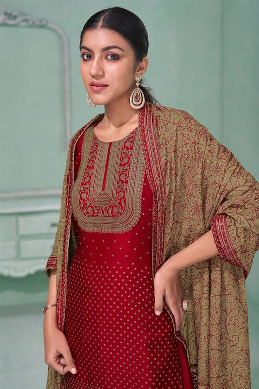 Red Color Georgette Fabric Embroidered Awesome Palazzo Suit