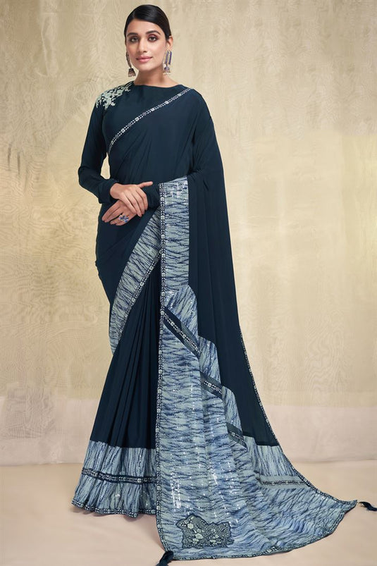 Glorious Sequins Work Teal Color Crepe Fabric Saree