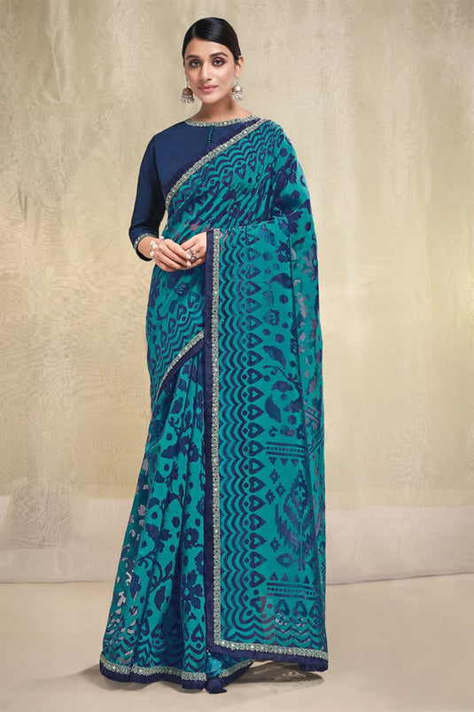 Graceful Printed Work Organza Fabric Cyan Color Saree