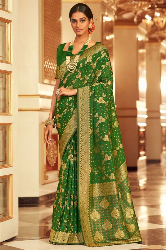 Green Color Aristocratic Chiffon Fabric Bandhej Style Saree