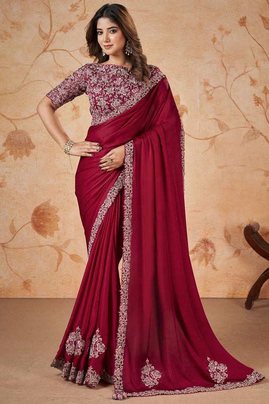 Delightful Maroon Sequins Work Crepe Silk Fabric Wedding Wear Saree